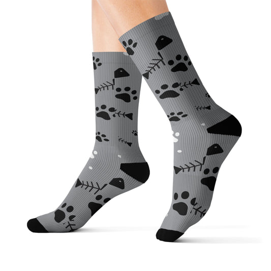 Grey Paw Print Socks — Cat & Dog Fishbone Pattern Sublimation Crew Socks Printify