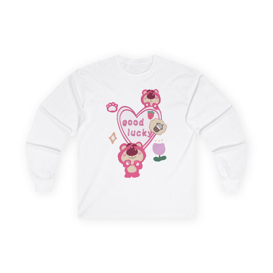 Good Lucky Heart Long Sleeve Tee — Cute Pink Bear Lucky Charm Shirt Printify