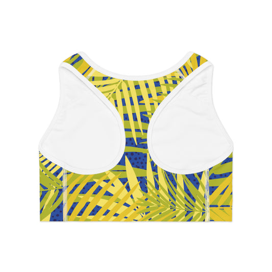 Tropical Palm Print Sports Bra — Yellow & Blue Active Crop Top Printify