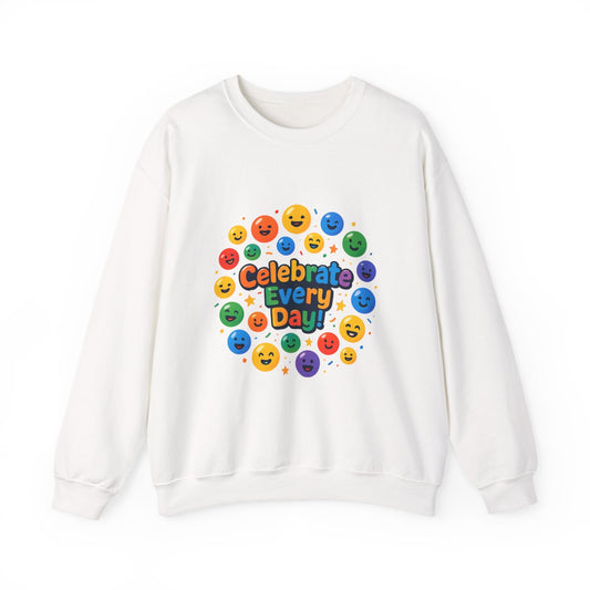 Celebrate Every Day Crewneck Sweatshirt — Rainbow Smiley Graphic Printify