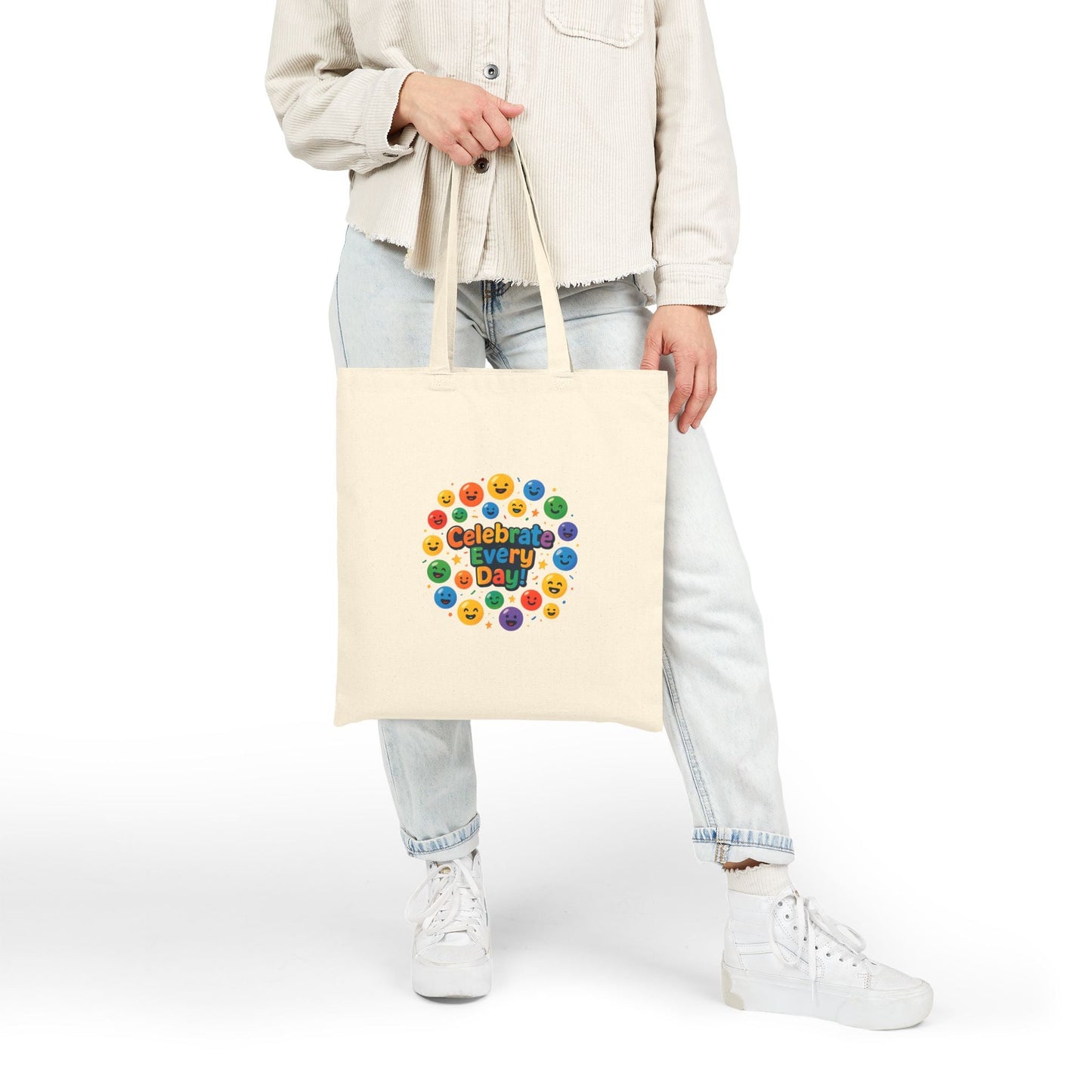 Tote Bag - "Celebrate Every Day" Rainbow Smiley Canvas Tote Printify