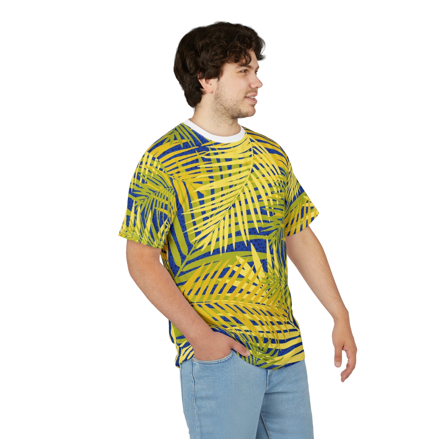 Tropical Palm Leaf All-Over Print Tee — Yellow & Blue Summer T-Shirt