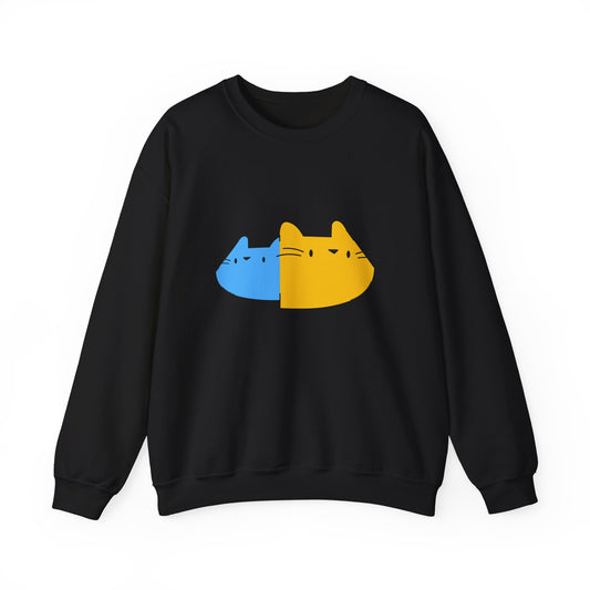 Cat Split Face Crewneck Sweatshirt – Cute Blue & Yellow Cat Graphic Printify