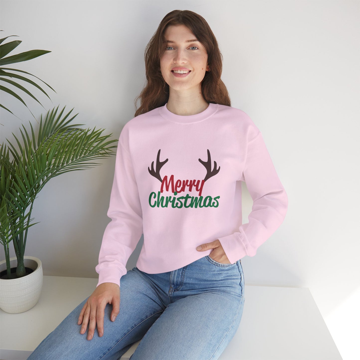 Merry Christmas Reindeer Antlers Crewneck Sweatshirt Printify