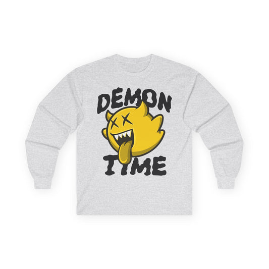 Long Sleeve Tee — "Demon Time" Yellow Cartoon Demon Graphic T-shirt Printify