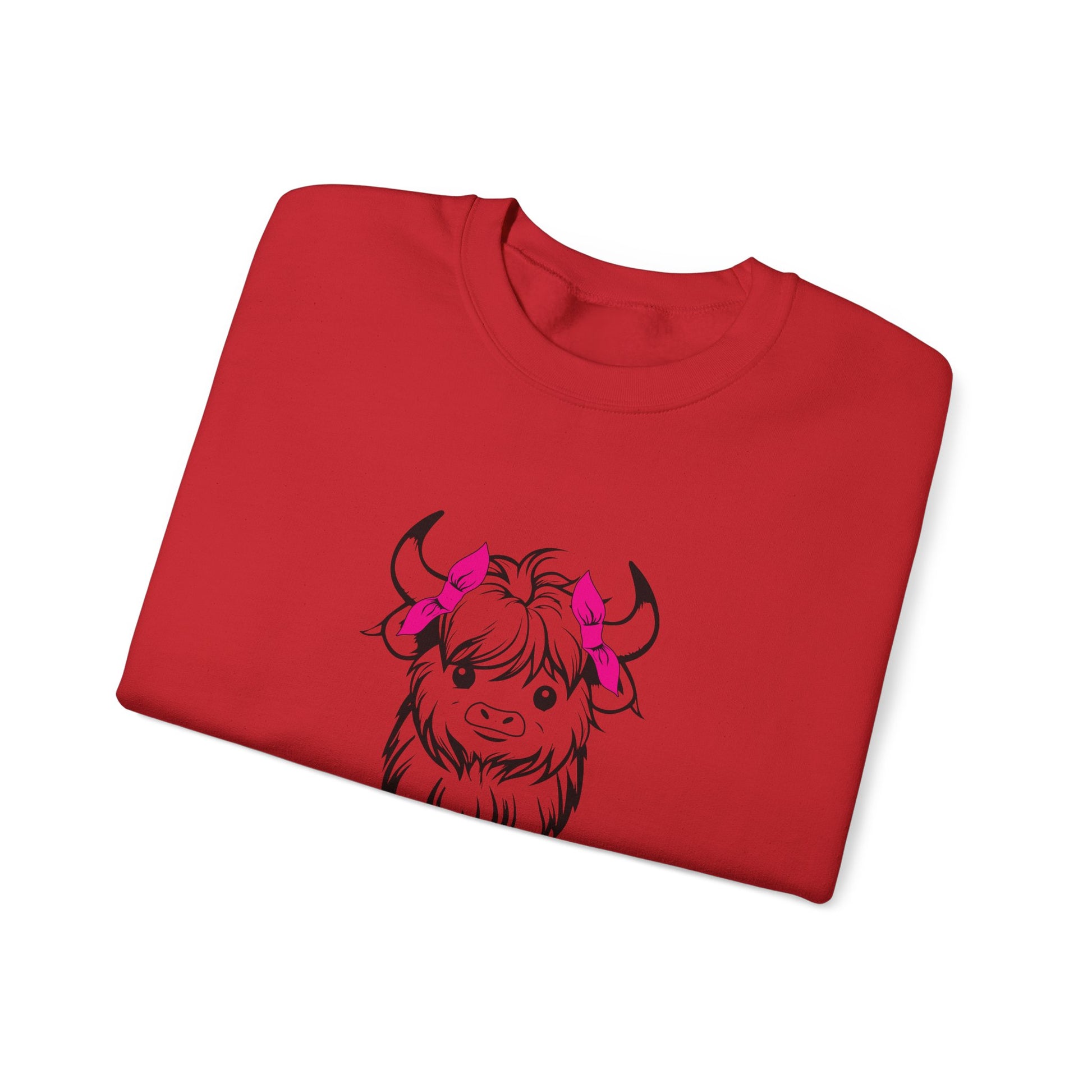 Highland Cow Crewneck Sweatshirt — Cute Yak Illustration with Pink Horns Printify