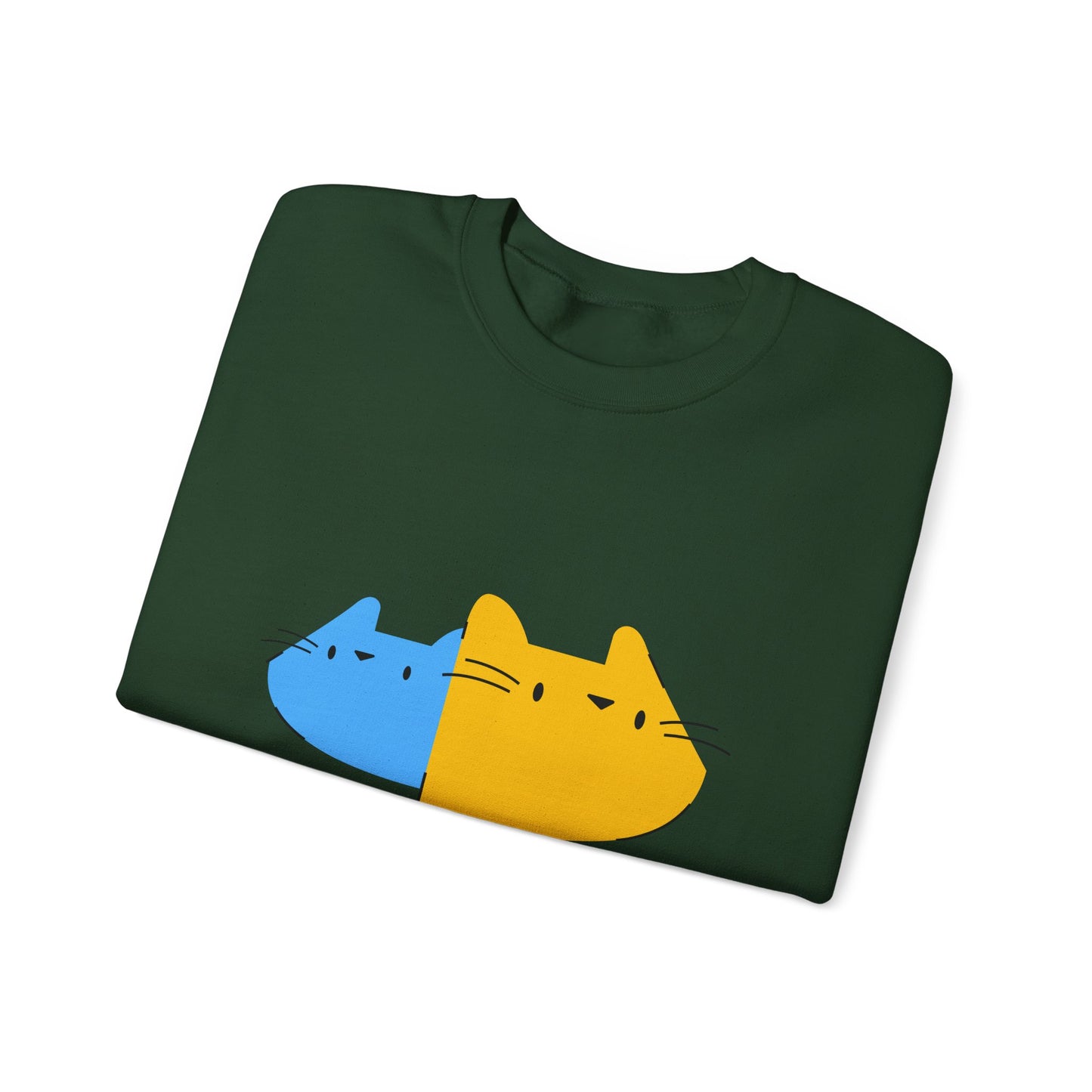 Cat Split Face Crewneck Sweatshirt – Cute Blue & Yellow Cat Graphic Printify