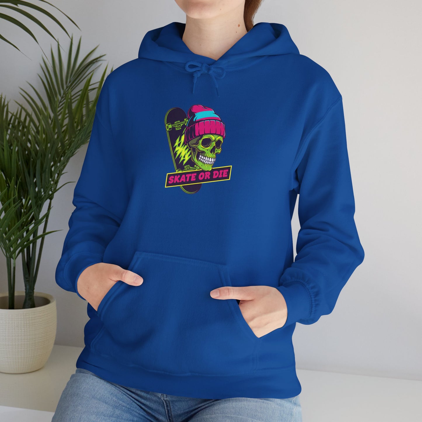 Skate or Die Skull Skateboard Hoodie — Neon Retro Skull Beanie Design Printify