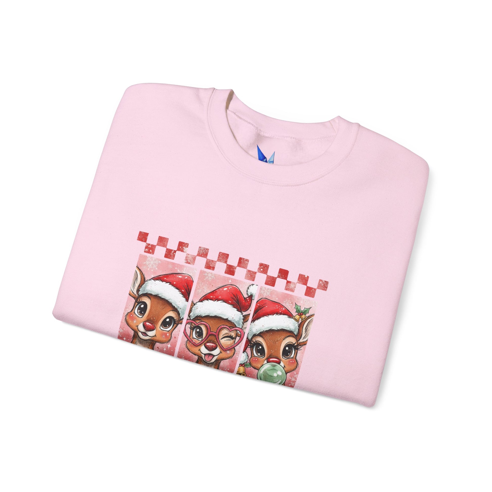Christmas Reindeer Trio Crewneck Sweatshirt – Cute Santa Hat Holiday Sweater Printify