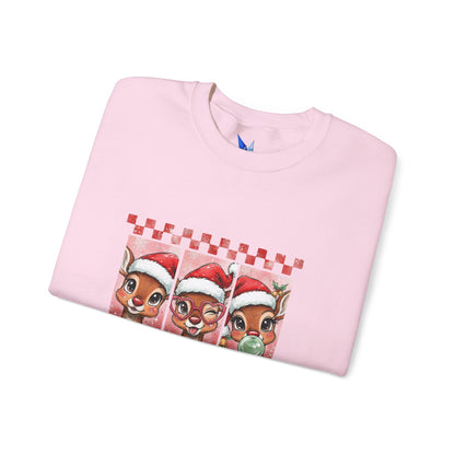 Christmas Reindeer Trio Crewneck Sweatshirt – Cute Santa Hat Holiday Sweater Printify
