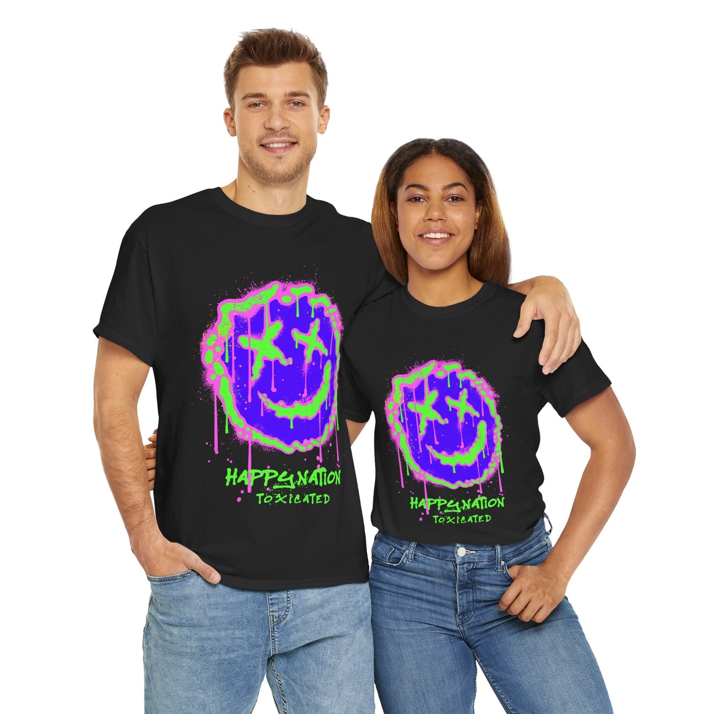 Tee — Neon Drip Smiley "Happynation Toxicated" Graphic T-shirt Printify