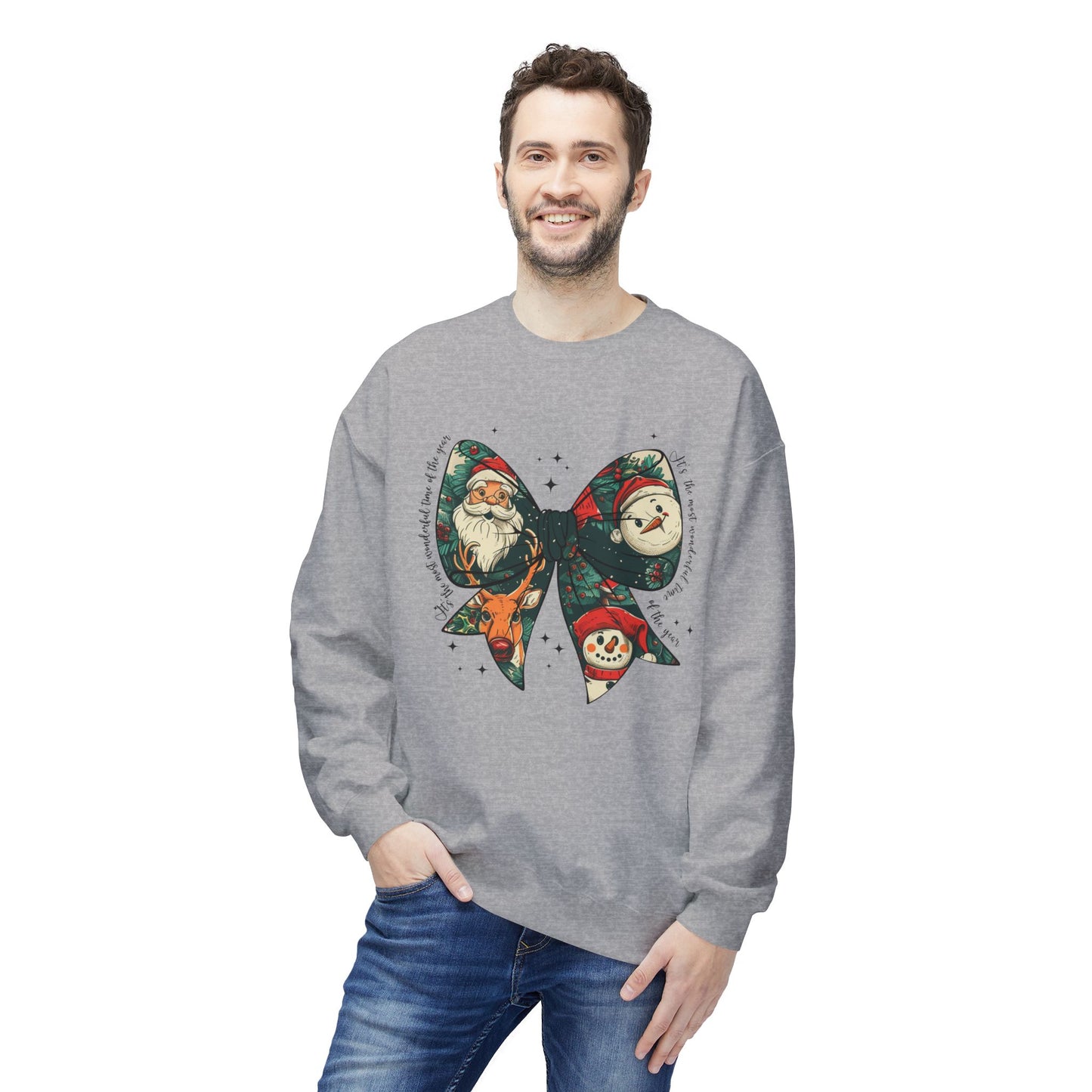Christmas Bow Sweatshirt — Vintage Santa & Snowman Holiday Crewneck Printify