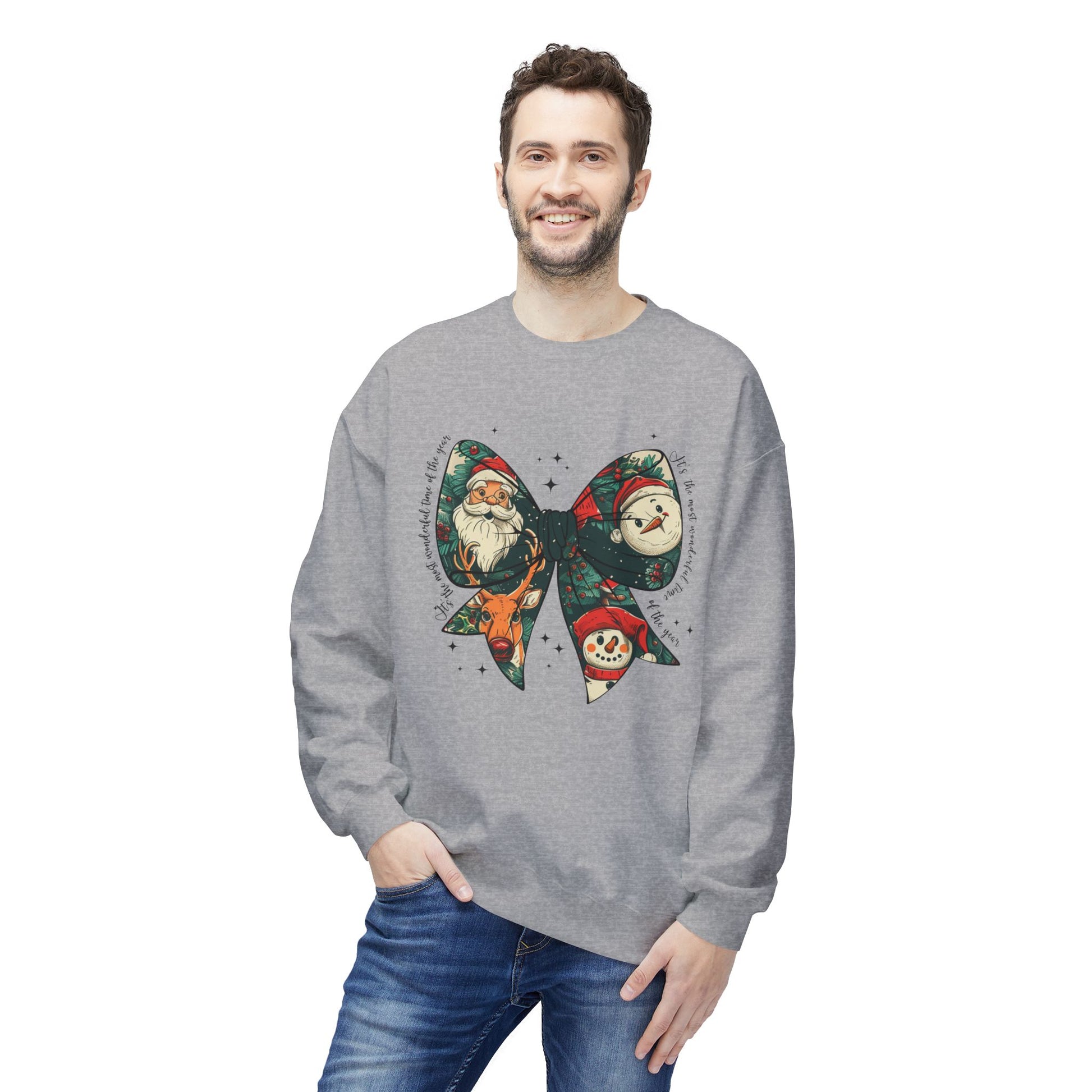Christmas Bow Sweatshirt — Vintage Santa & Snowman Holiday Crewneck Printify