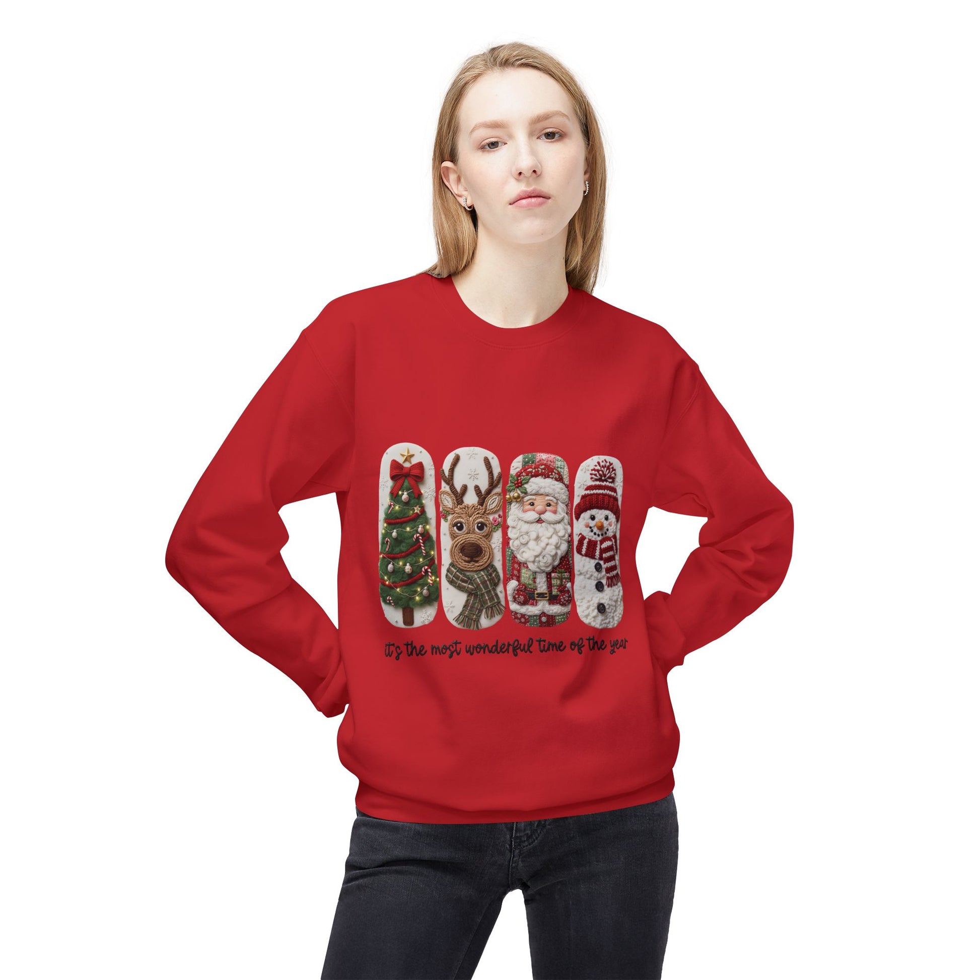 Christmas Crewneck Sweatshirt — Festive Tree Reindeer Santa Snowman Design Printify