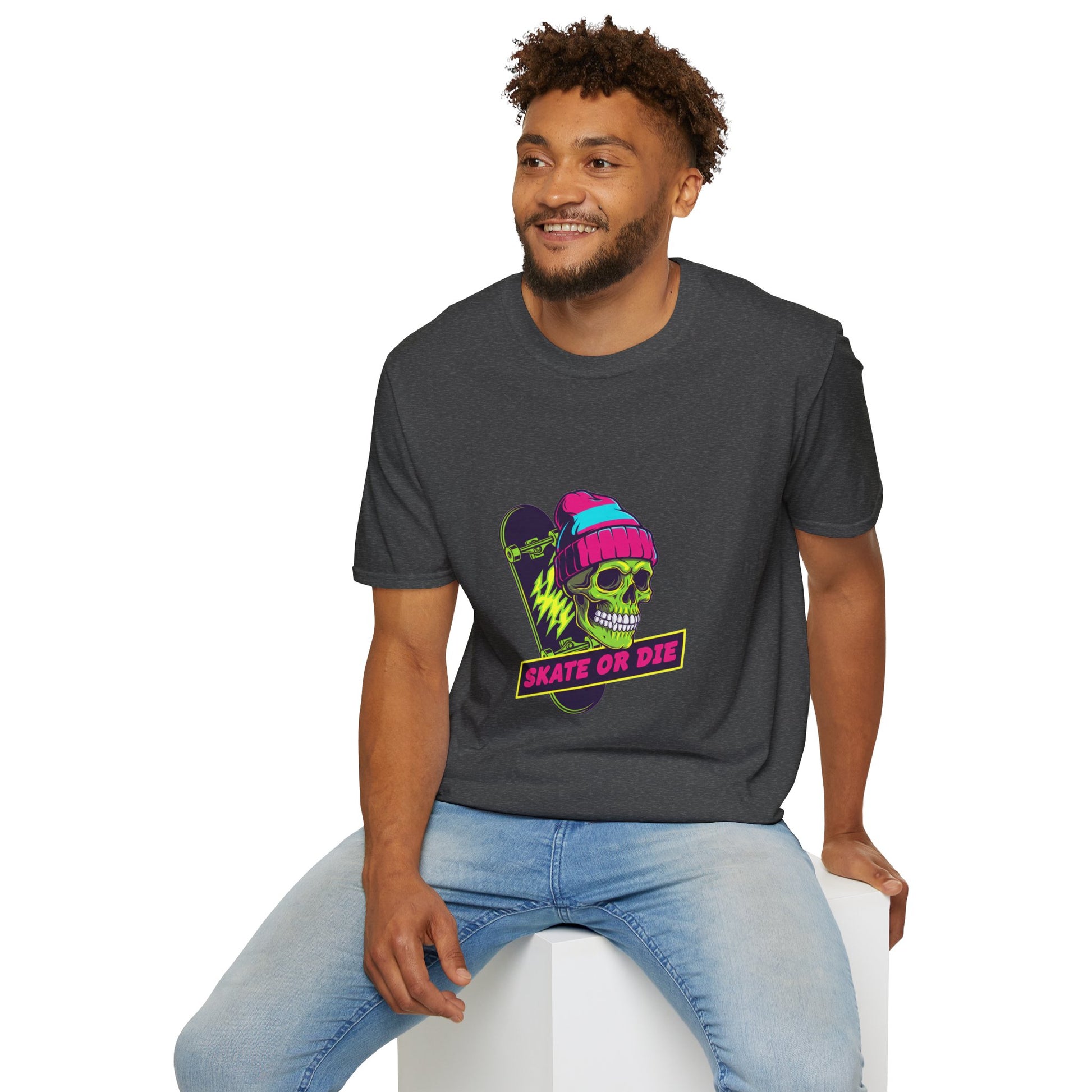 Skate or Die Skull T-Shirt — Neon Skateboard Graphic Tee Printify