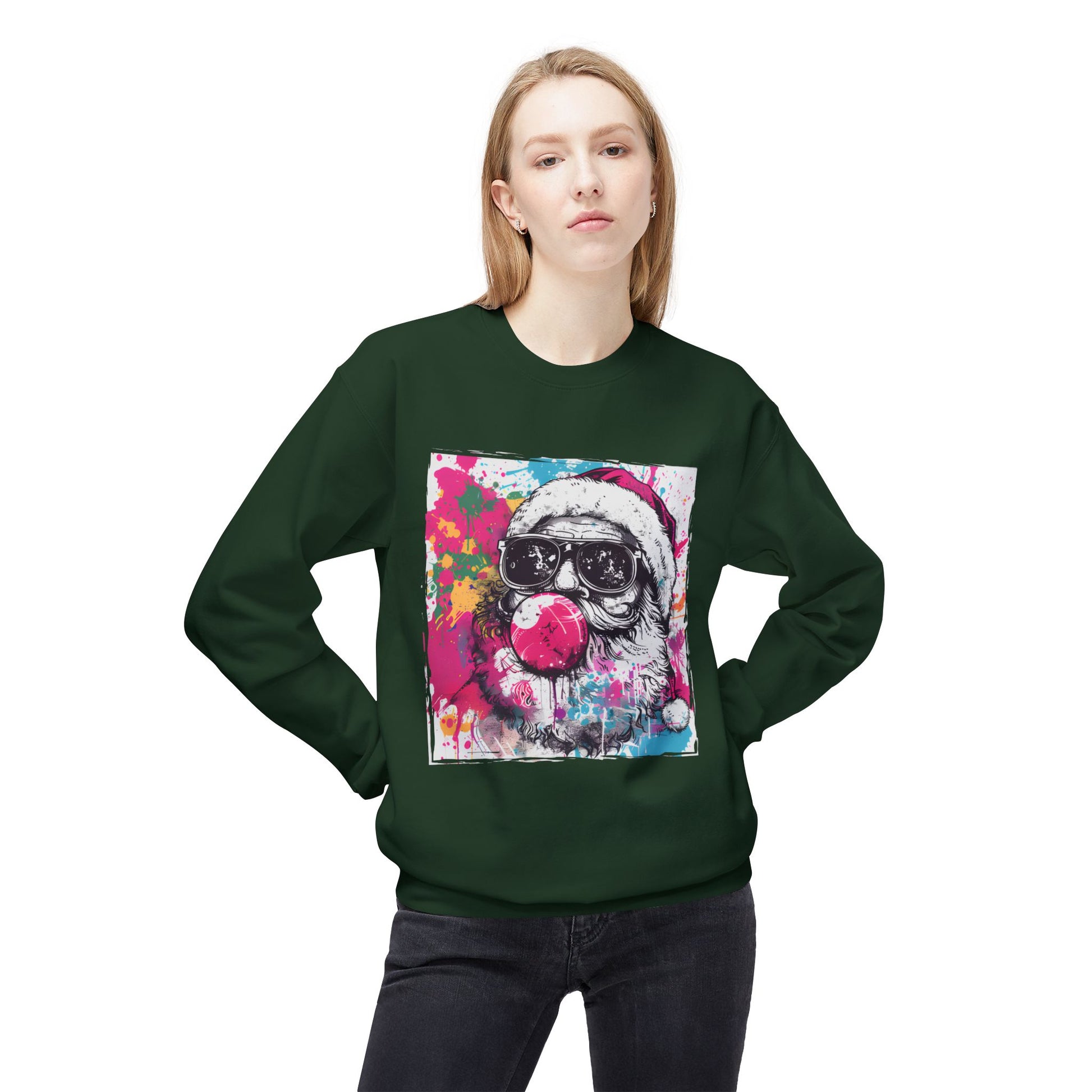 Skull Santa Bubblegum Sweatshirt – Colorful Holiday Graphic Crewneck Printify