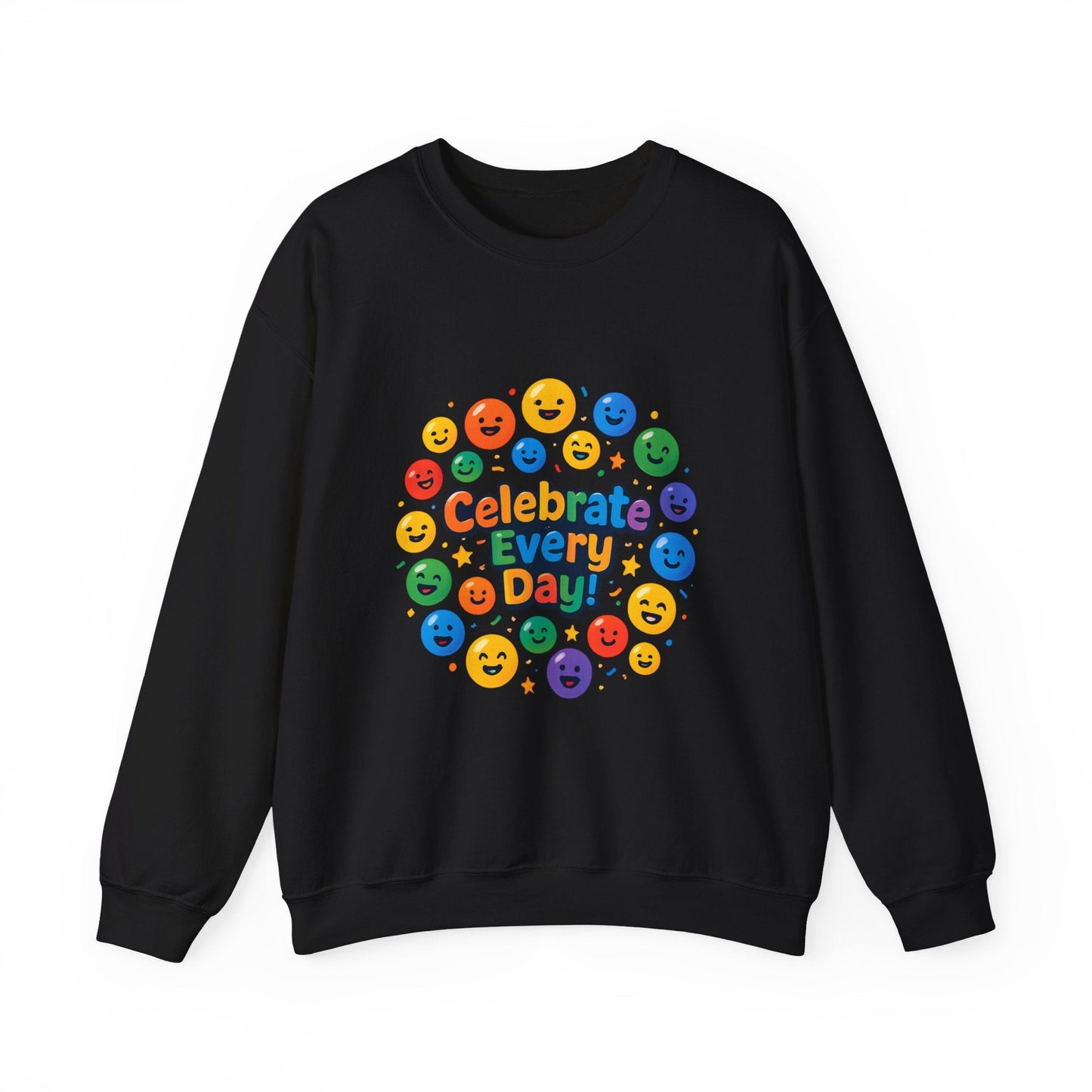Celebrate Every Day Crewneck Sweatshirt — Rainbow Smiley Graphic Printify