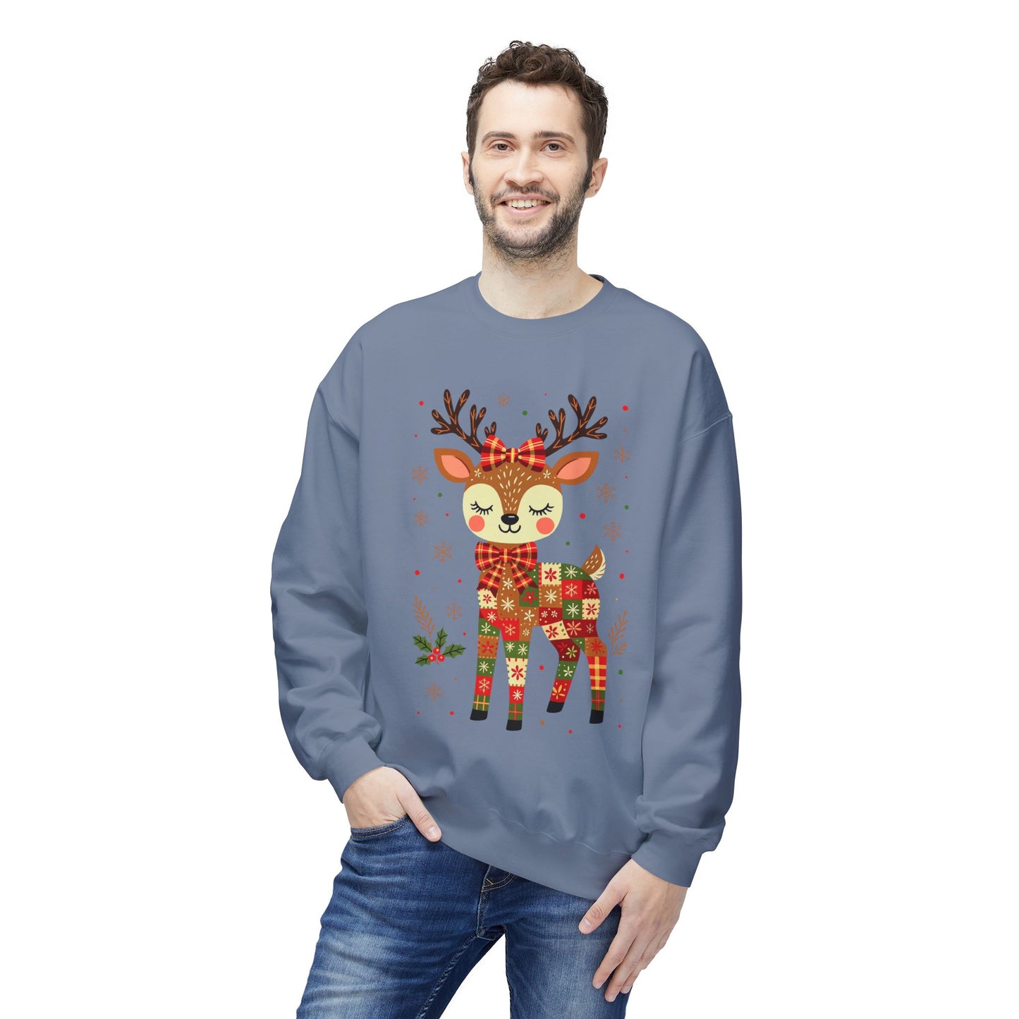 Christmas Patchwork Reindeer Sweatshirt Printify
