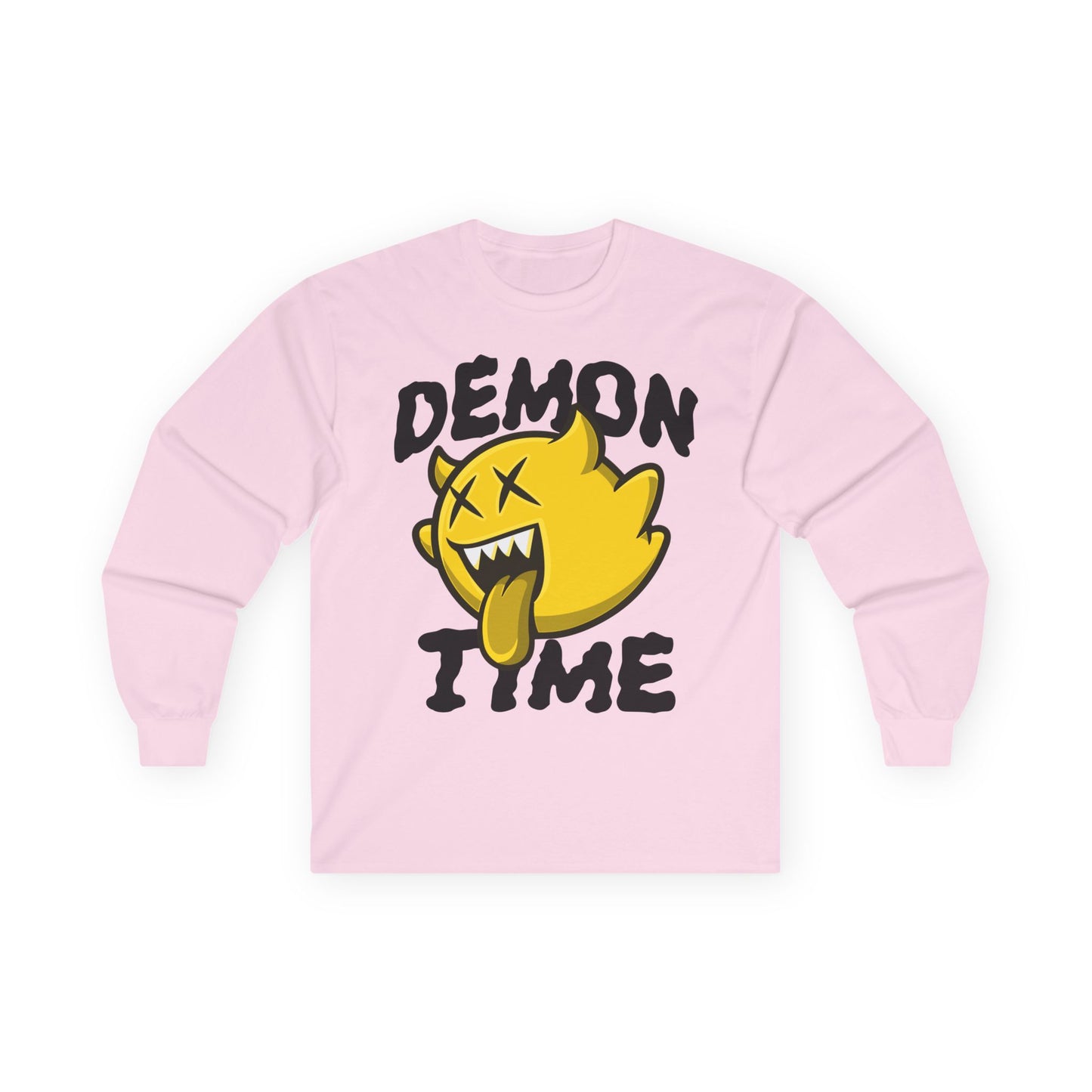 Long Sleeve Tee — "Demon Time" Yellow Cartoon Demon Graphic T-shirt Printify