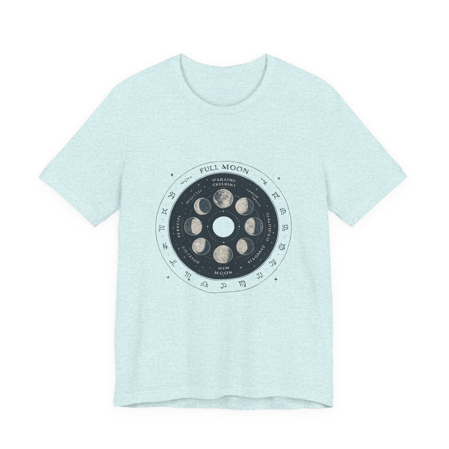 Moon Phases T-Shirt — Illustrated Lunar Cycle Tee (Full Moon, New Moon & Zodiac Icons) Printify
