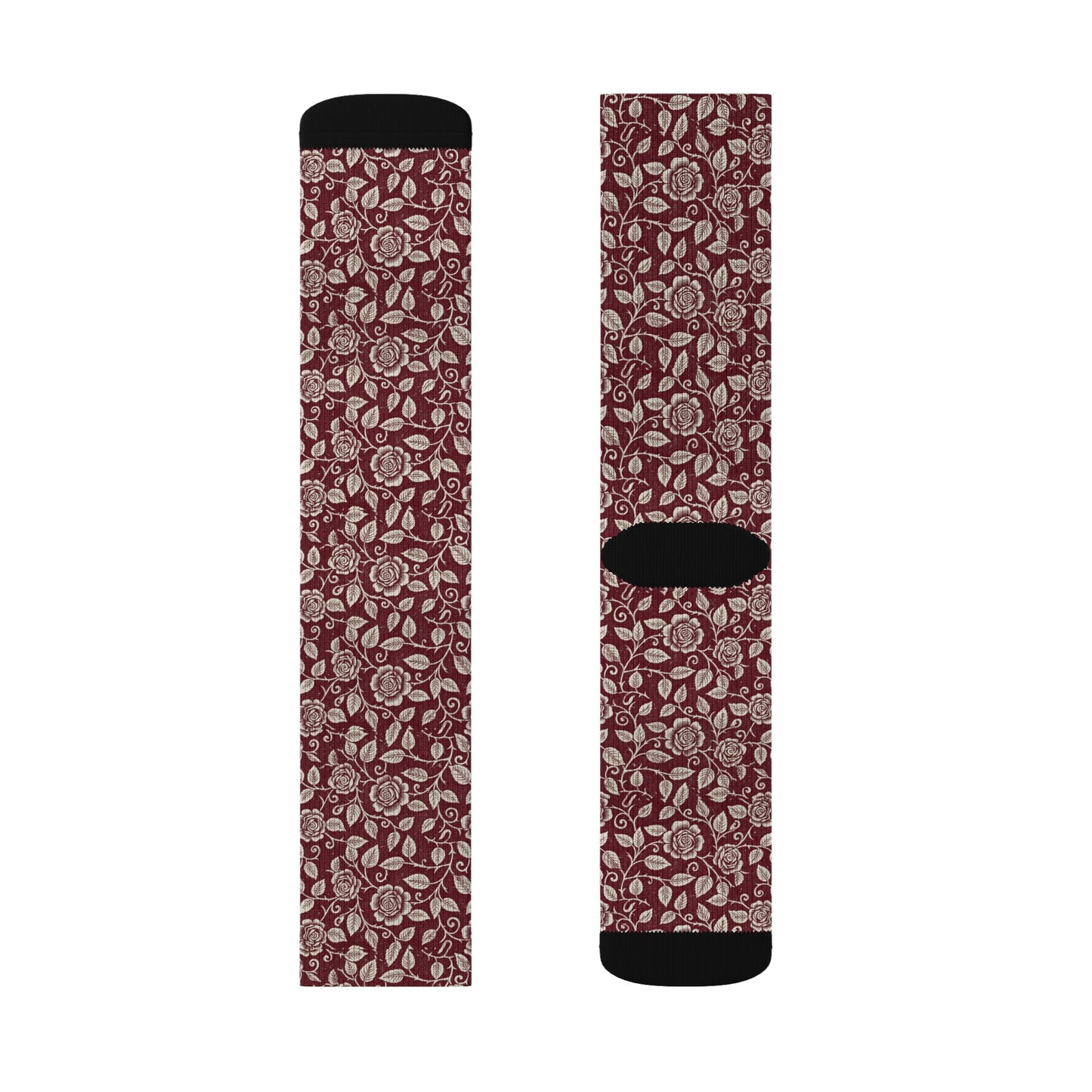 Vintage Floral Sublimation Socks — Burgundy Paisley Patterned Crew Socks Printify