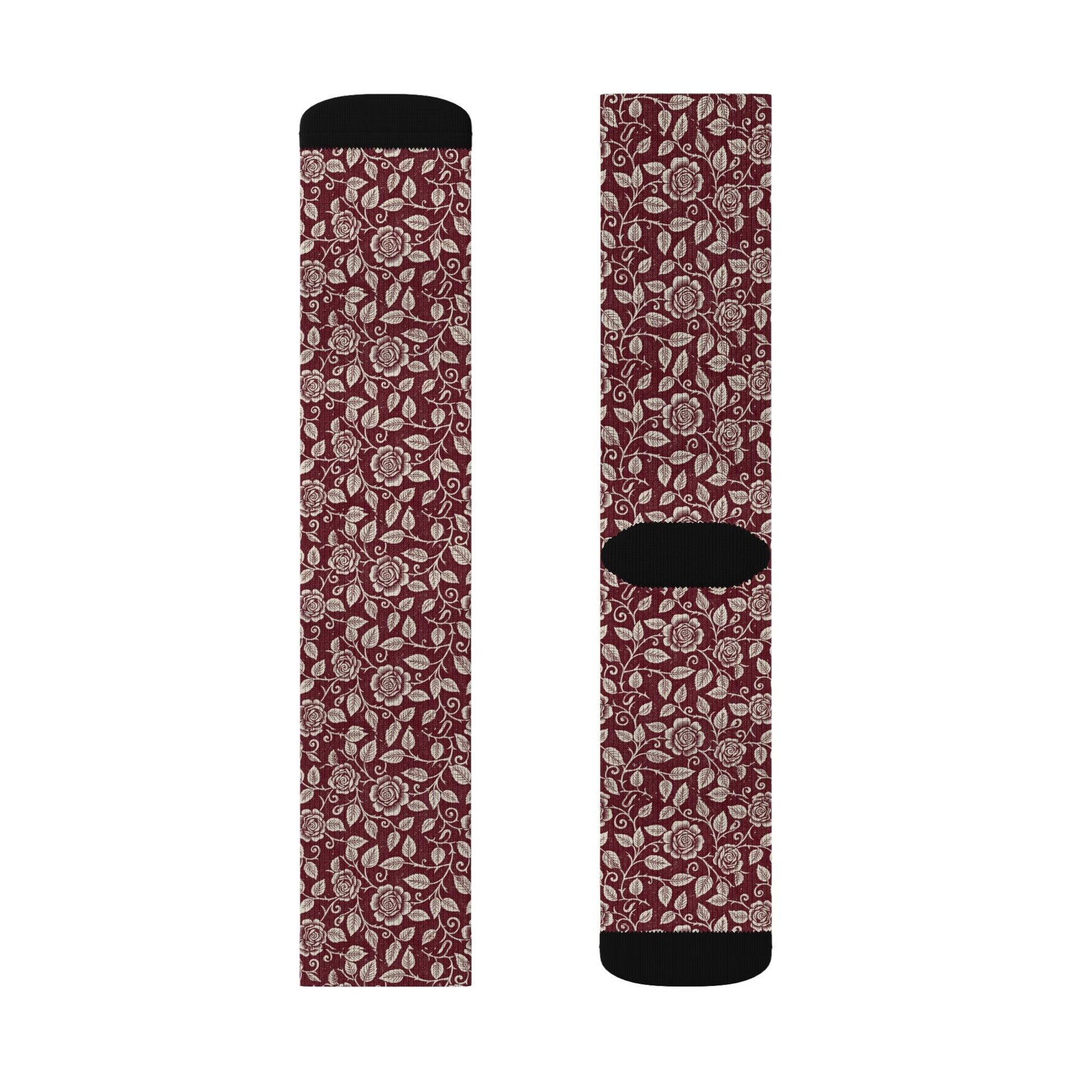 Vintage Floral Sublimation Socks — Burgundy Paisley Patterned Crew Socks Printify