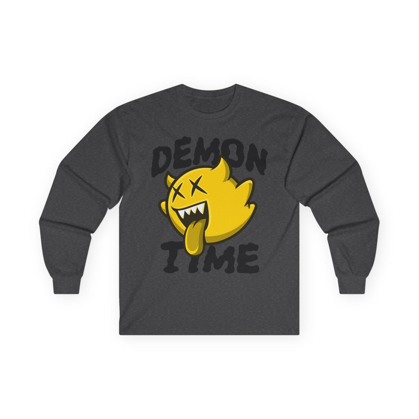 Long Sleeve Tee — "Demon Time" Yellow Cartoon Demon Graphic T-shirt Printify