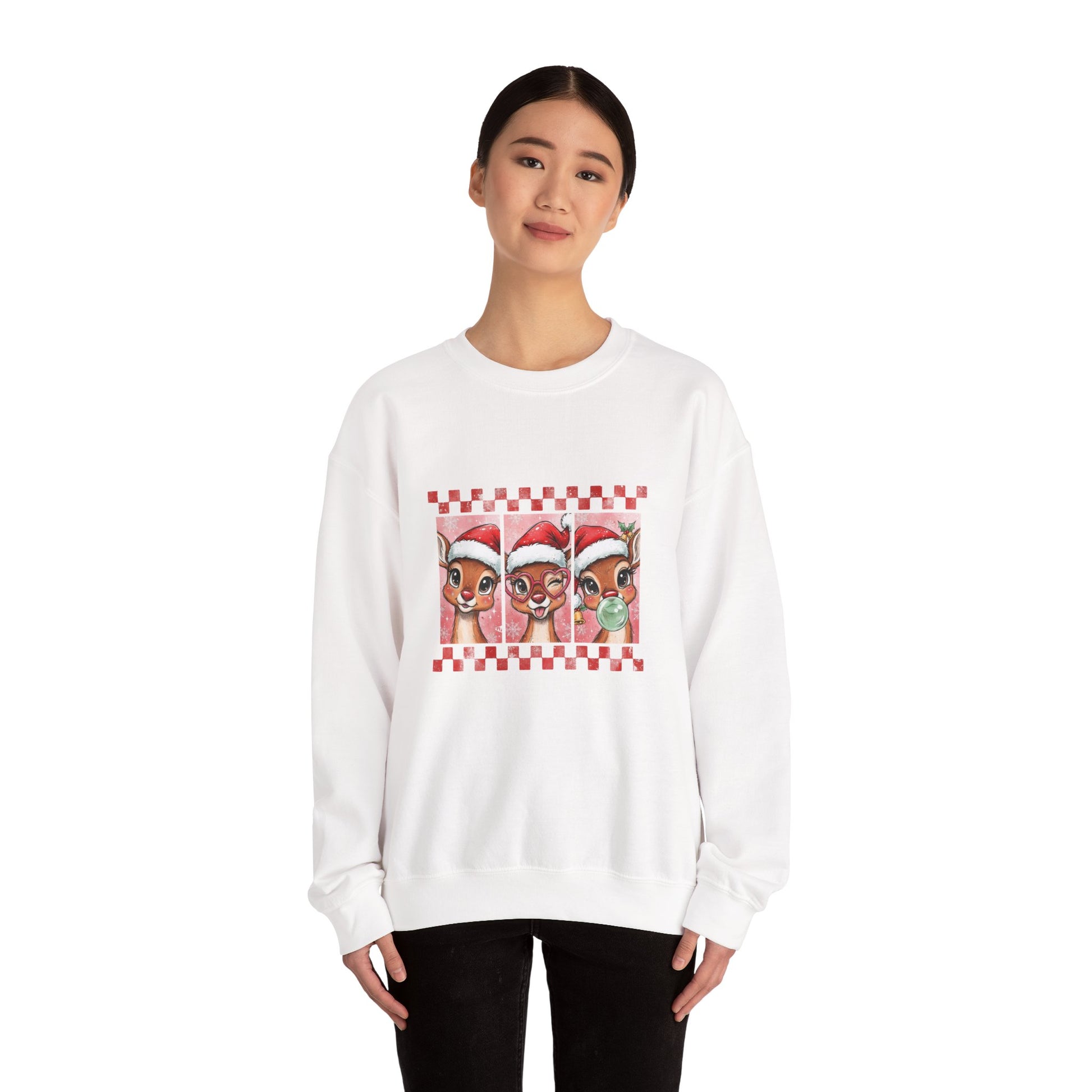 Christmas Reindeer Trio Crewneck Sweatshirt – Cute Santa Hat Holiday Sweater Printify