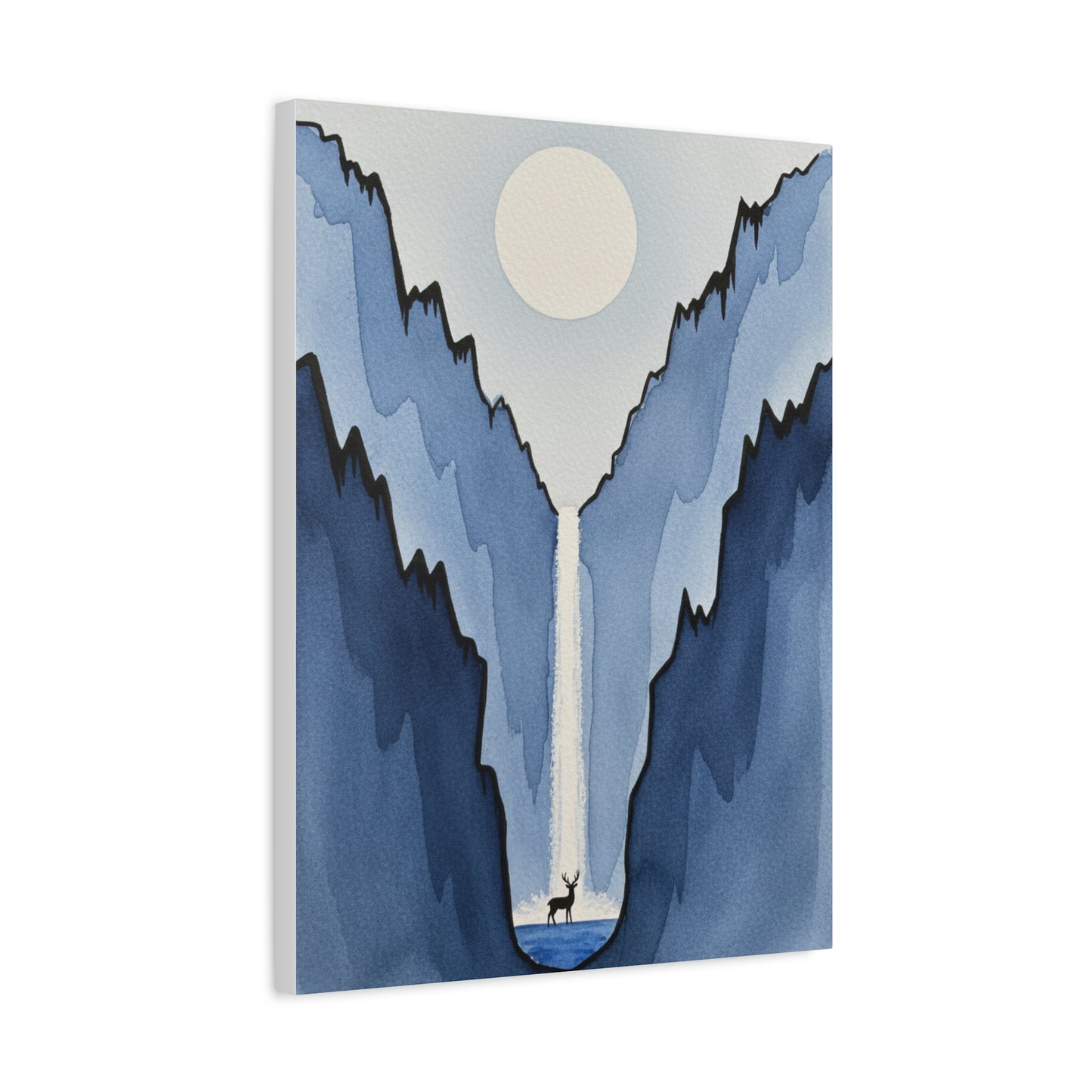 Blue Mountain Waterfall Canvas Print — Minimalist Deer Landscape Wall Art Printify