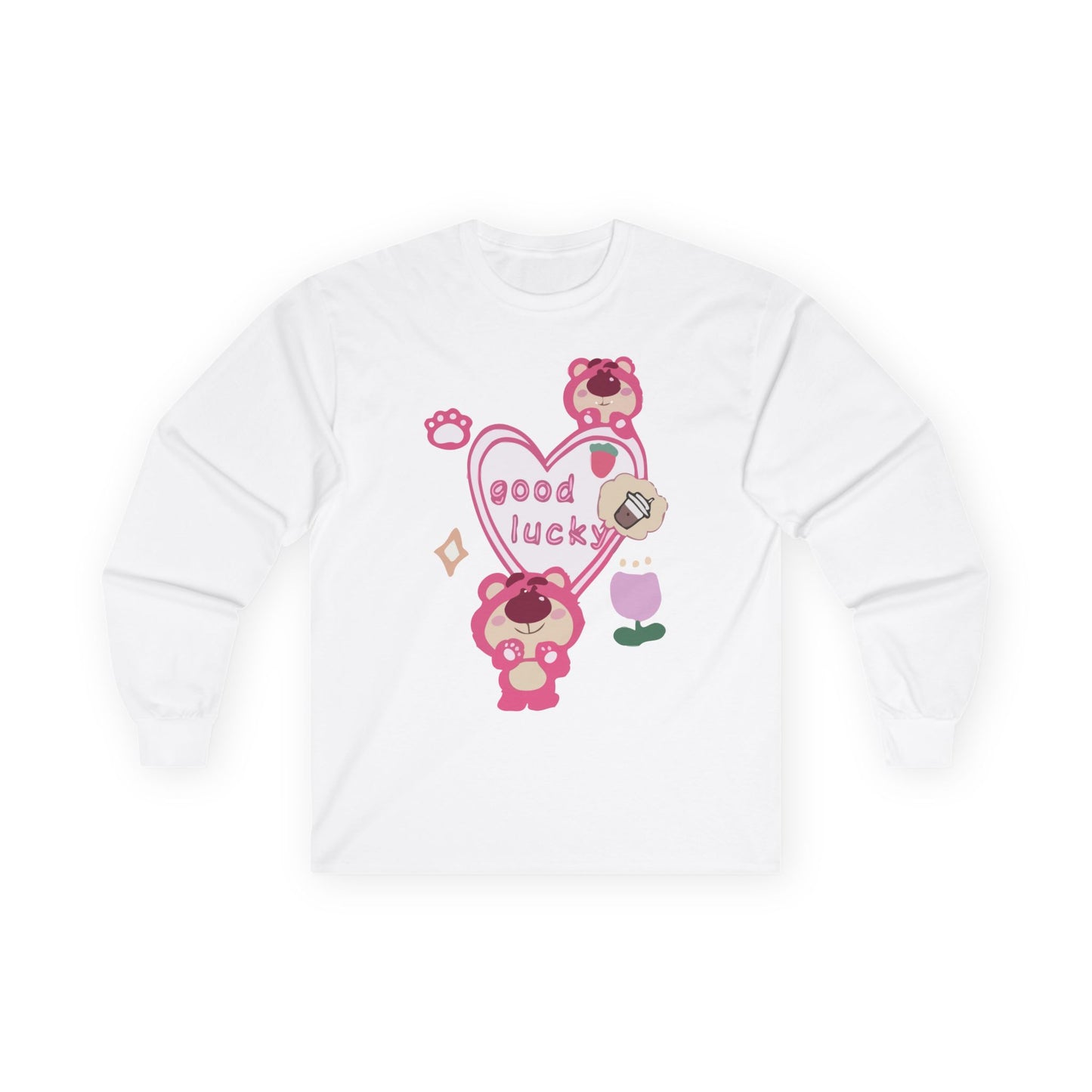 Good Lucky Heart Long Sleeve Tee — Cute Pink Bear Lucky Charm Shirt Printify