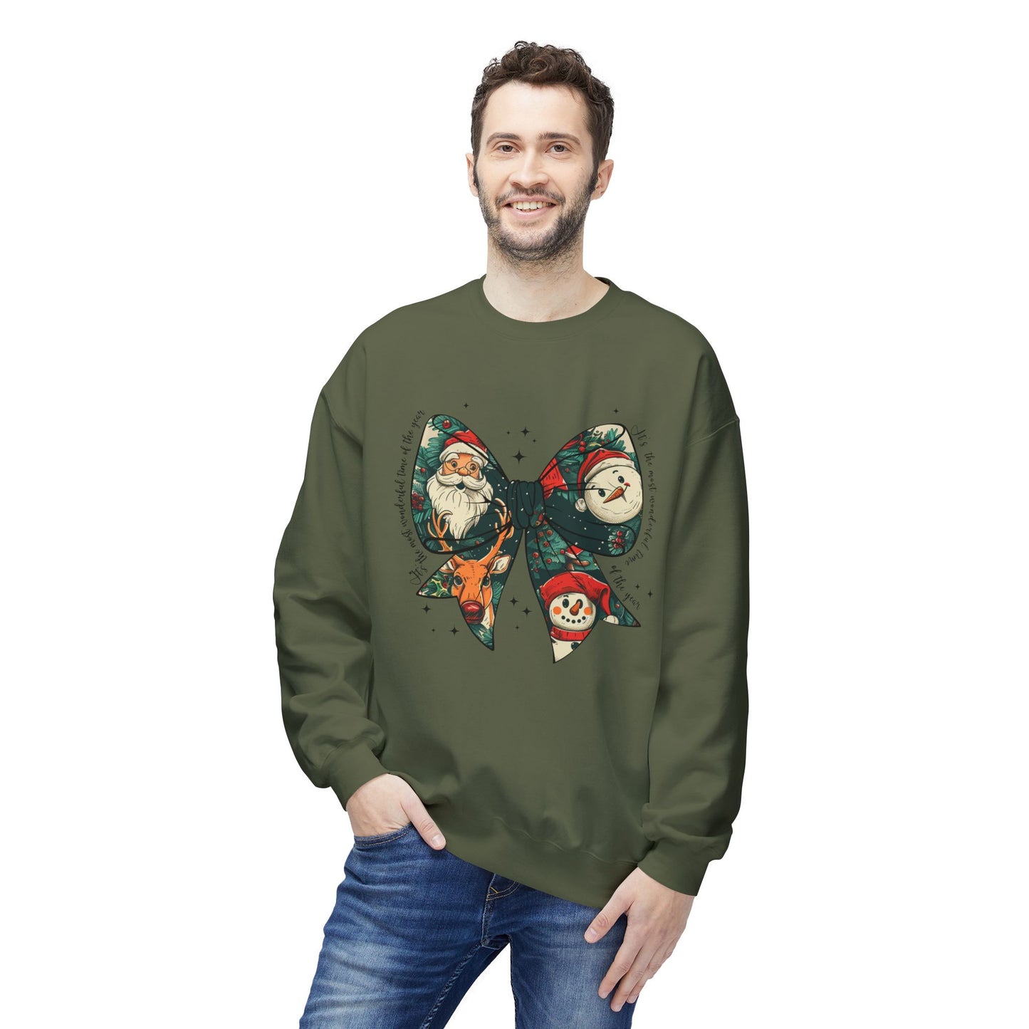 Christmas Bow Sweatshirt — Vintage Santa & Snowman Holiday Crewneck Printify