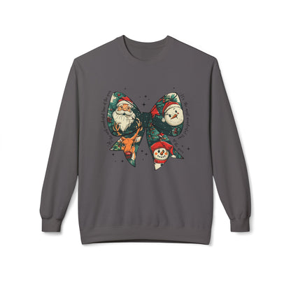 Christmas Bow Sweatshirt — Vintage Santa & Snowman Holiday Crewneck Printify