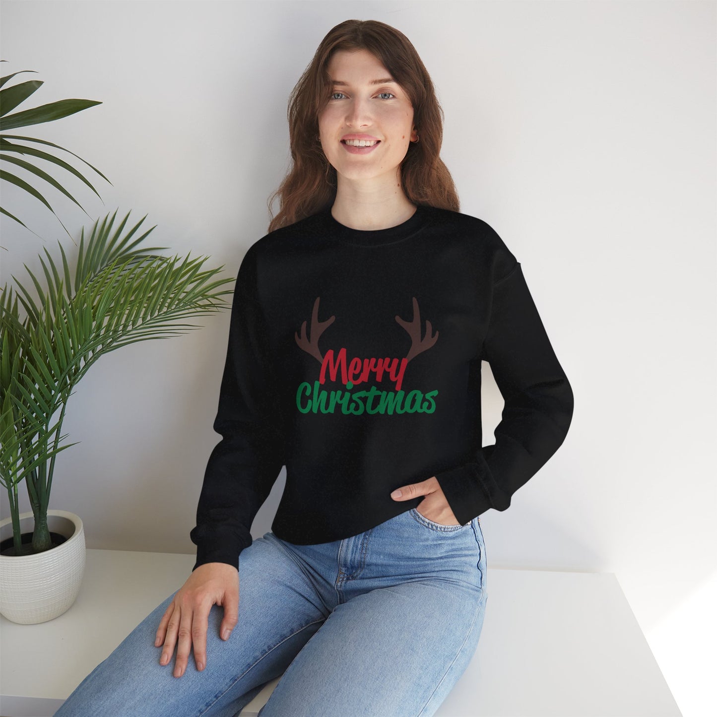 Merry Christmas Reindeer Antlers Crewneck Sweatshirt Printify