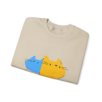 Cat Split Face Crewneck Sweatshirt – Cute Blue & Yellow Cat Graphic Printify