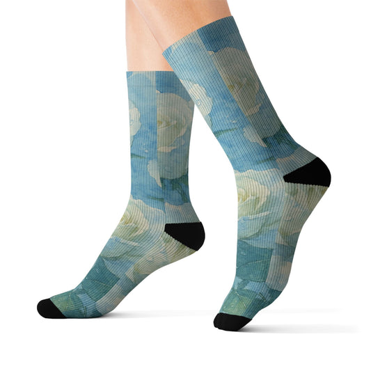 Floral Blue Rose Sublimation Socks — Artistic Vintage Garden Crew Socks Printify