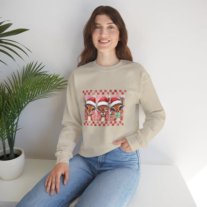 Christmas Reindeer Trio Crewneck Sweatshirt – Cute Santa Hat Holiday Sweater Printify