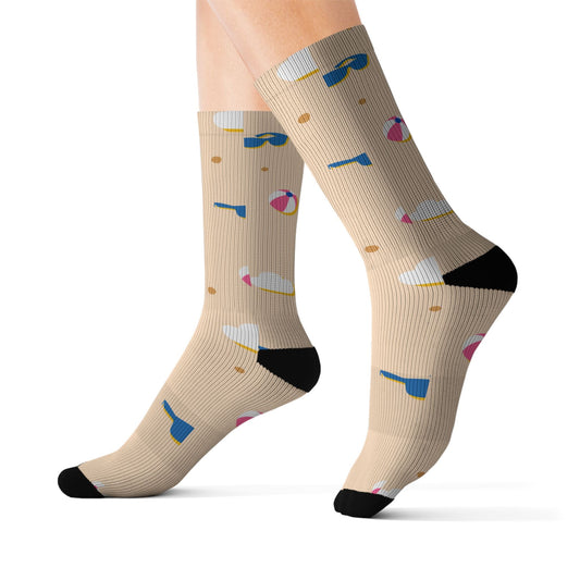 Beach Day Sublimation Socks — Sand, Sunglasses & Beach Ball Pattern Printify