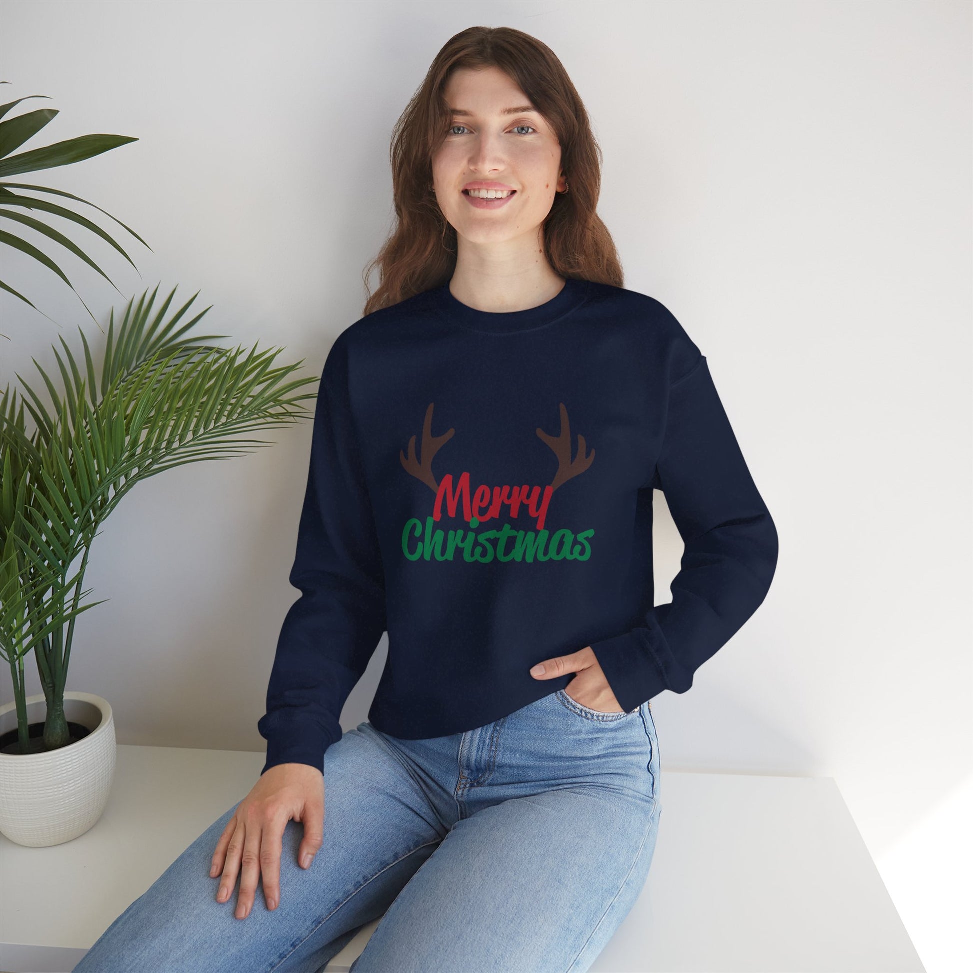 Merry Christmas Reindeer Antlers Crewneck Sweatshirt Printify