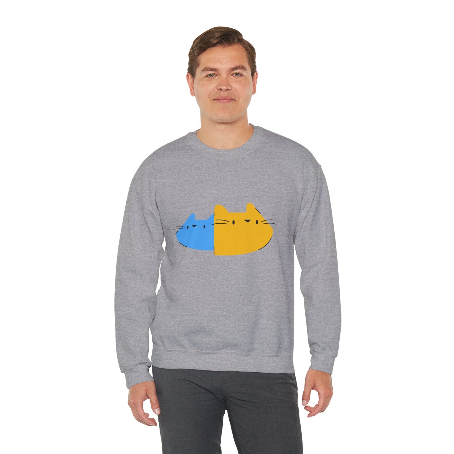 Cat Split Face Crewneck Sweatshirt – Cute Blue & Yellow Cat Graphic Printify