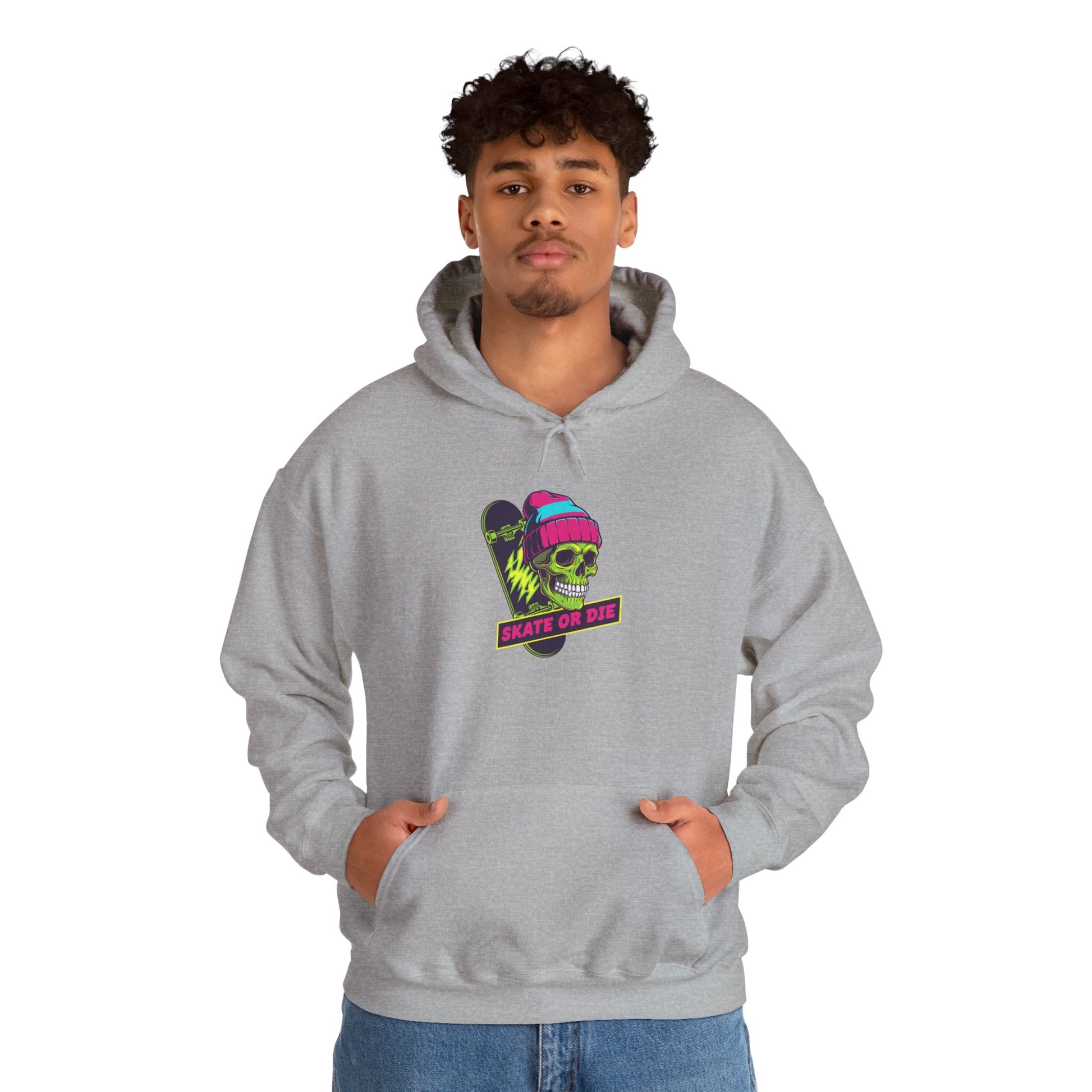 Skate or Die Skull Skateboard Hoodie — Neon Retro Skull Beanie Design Printify