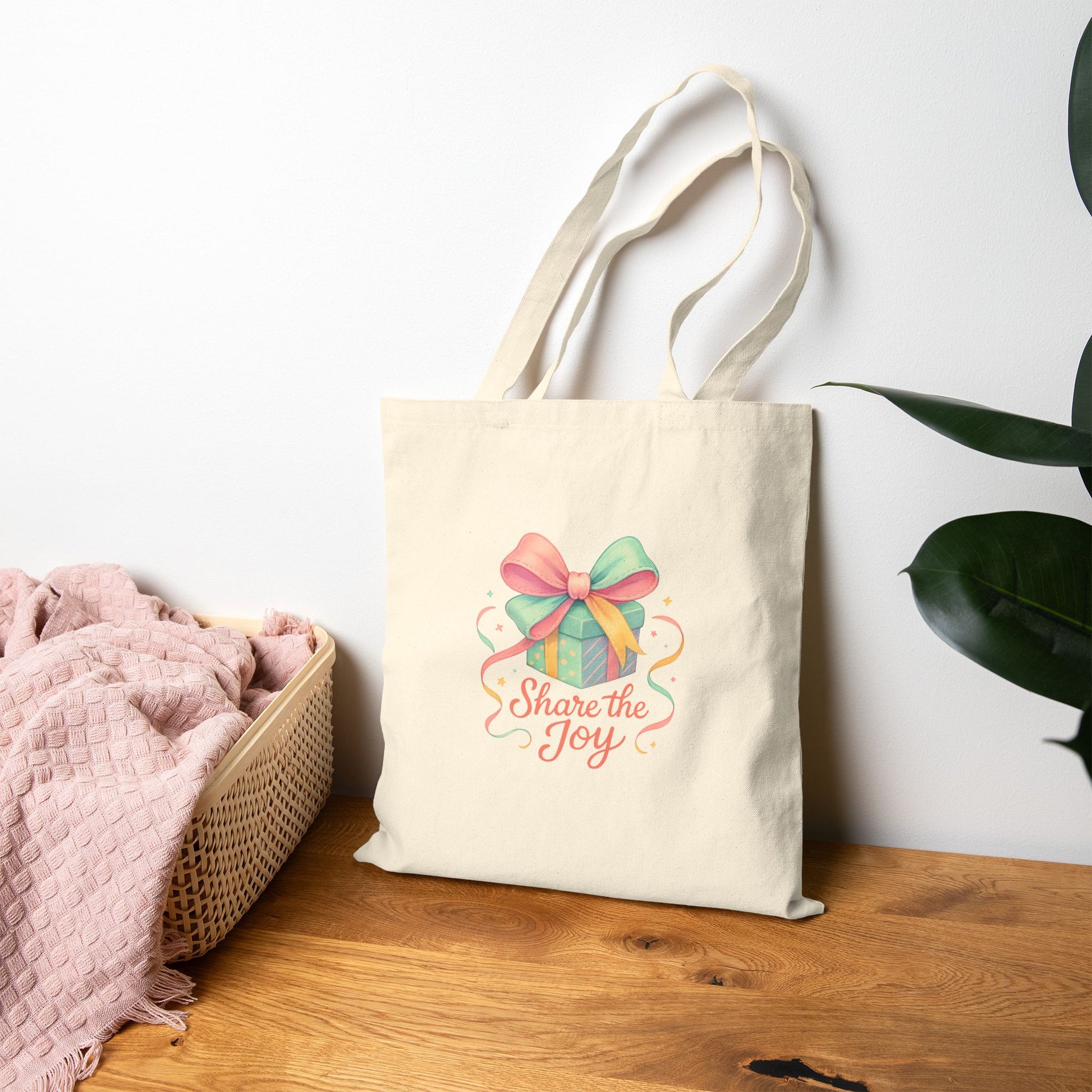 Share the Joy Tote Bag — Colorful Gift Bow Tote for Holiday & Gift Giving Printify