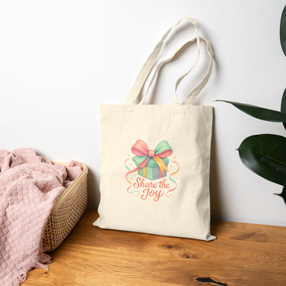Share the Joy Tote Bag — Colorful Gift Bow Tote for Holiday & Gift Giving Printify