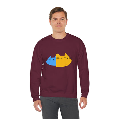 Cat Split Face Crewneck Sweatshirt – Cute Blue & Yellow Cat Graphic Printify