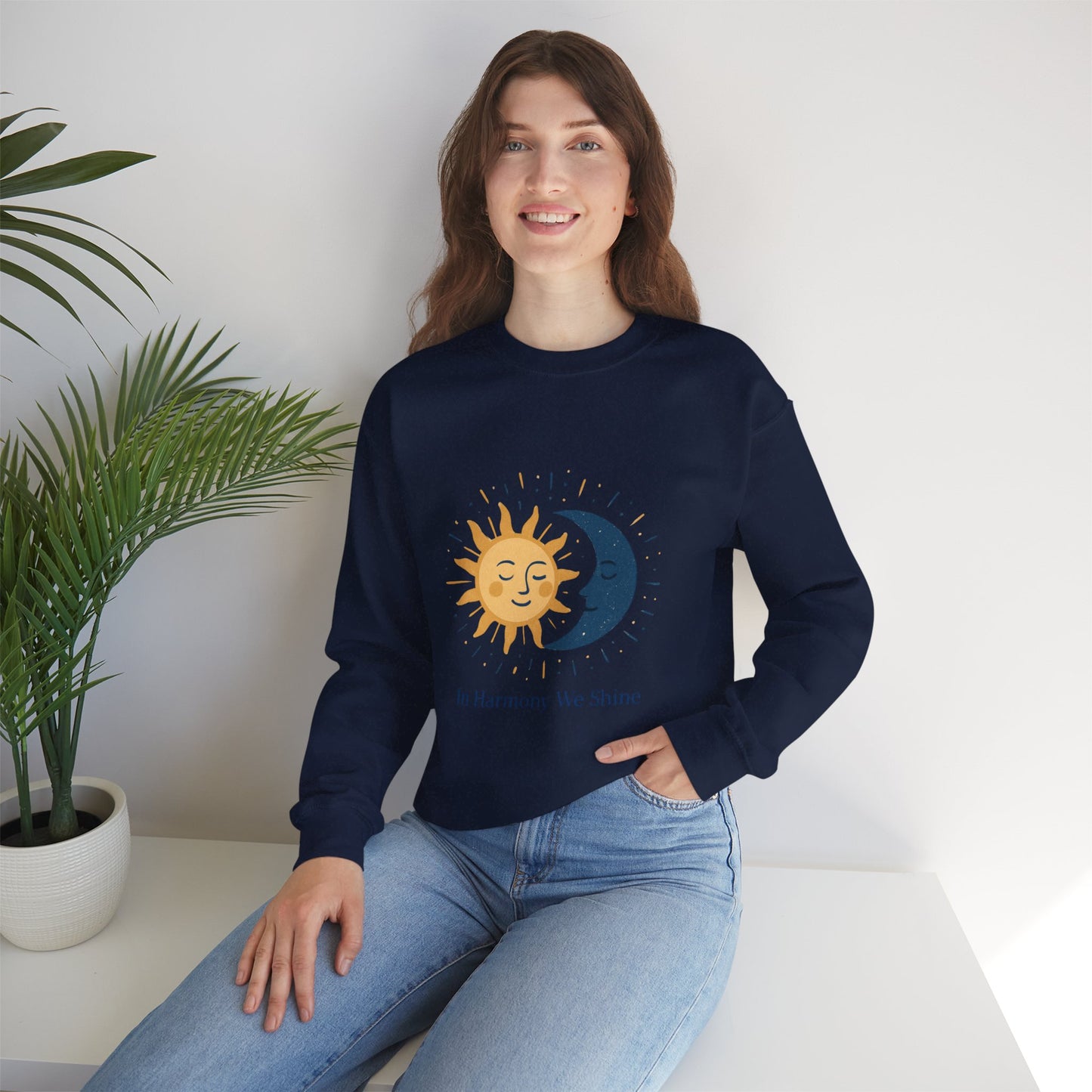 Sun and Moon Crewneck Sweatshirt — "In Harmony We Shine" Cozy Astrology Pullover Printify