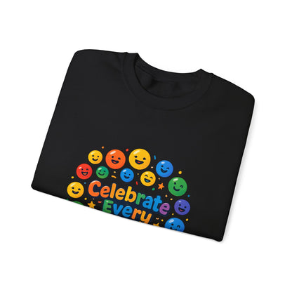 Celebrate Every Day Crewneck Sweatshirt — Rainbow Smiley Graphic Printify