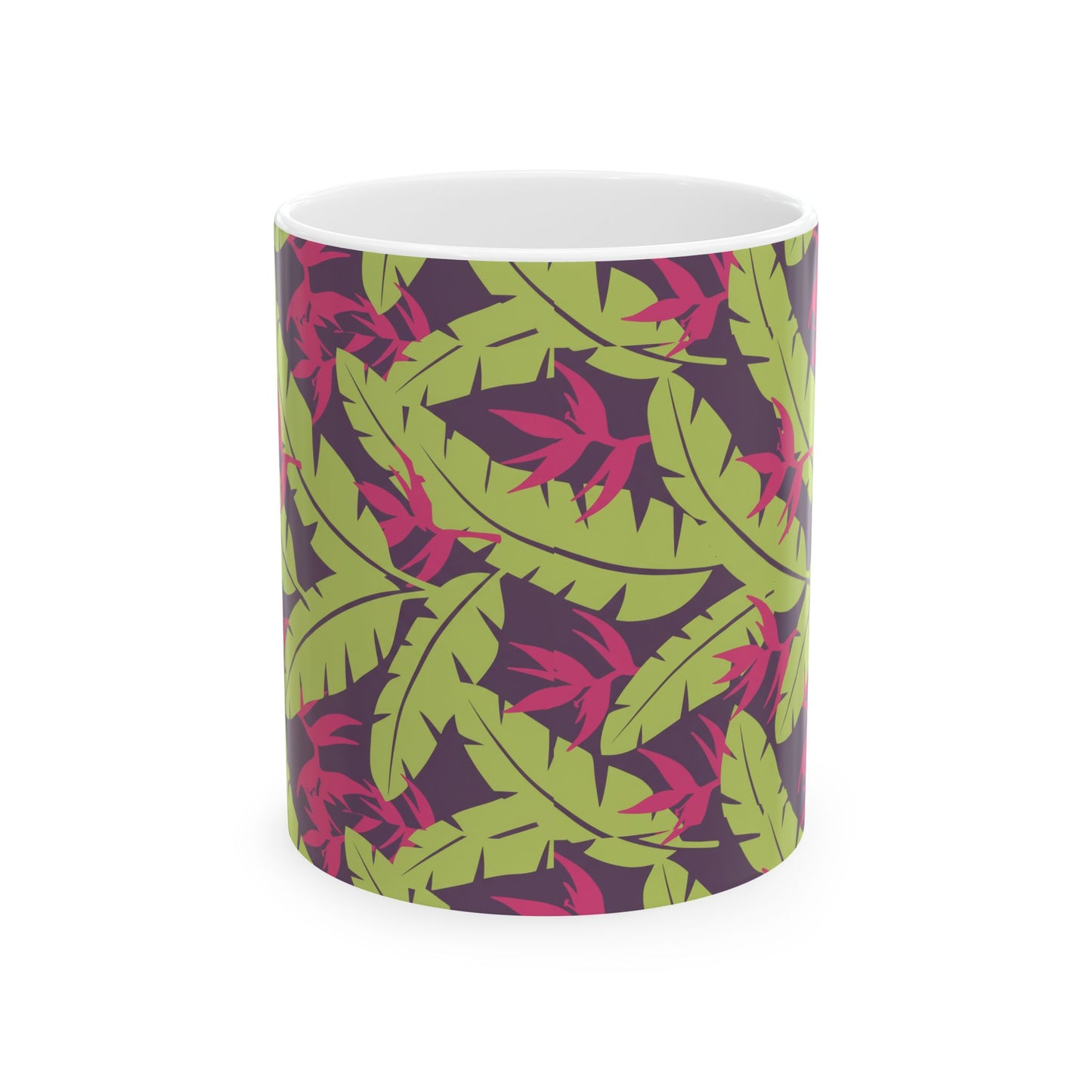 Tropical Leaf Pattern Ceramic Mug — Green & Pink Botanical Coffee Cup (11oz/15oz) Printify