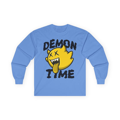 Long Sleeve Tee — "Demon Time" Yellow Cartoon Demon Graphic T-shirt Printify