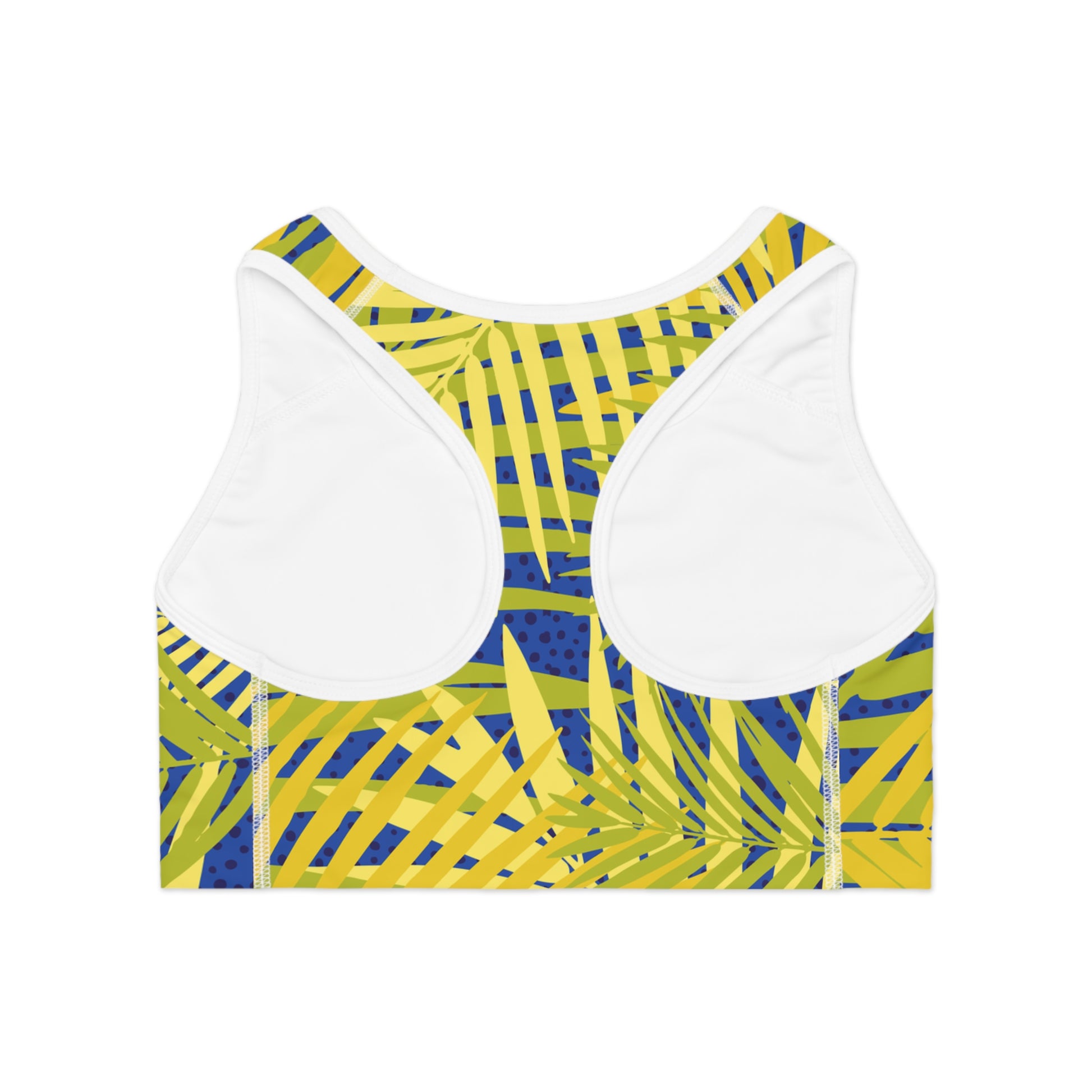 Tropical Palm Print Sports Bra — Yellow & Blue Active Crop Top Printify