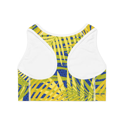 Tropical Palm Print Sports Bra — Yellow & Blue Active Crop Top Printify