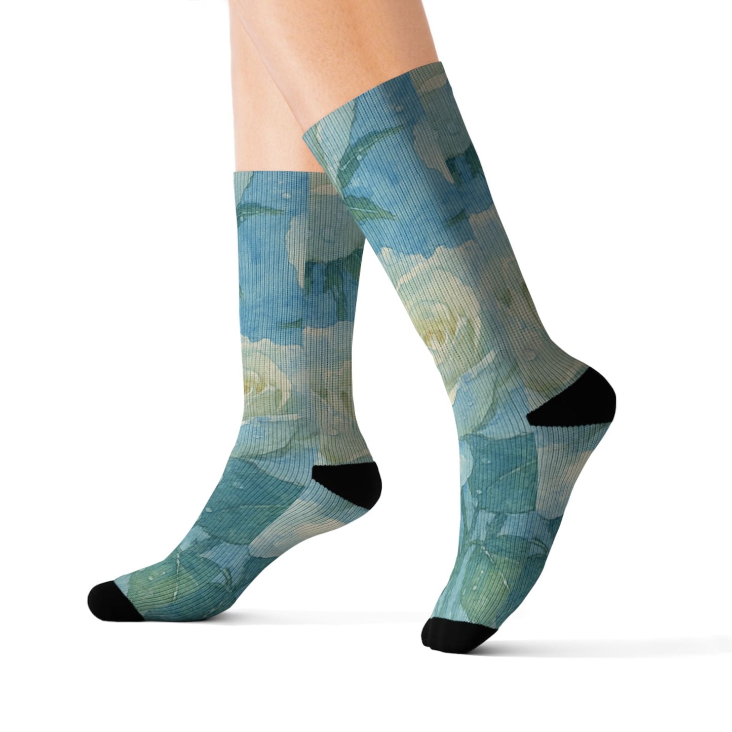 Floral Blue Rose Sublimation Socks — Artistic Vintage Garden Crew Socks Printify